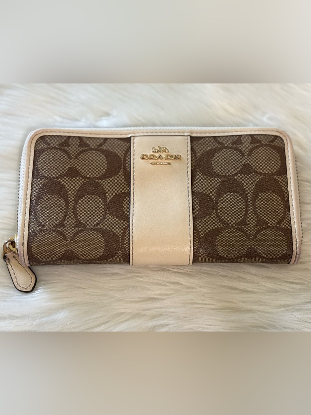 Coach Brown Signature Canvas Wallet with Cream Trim